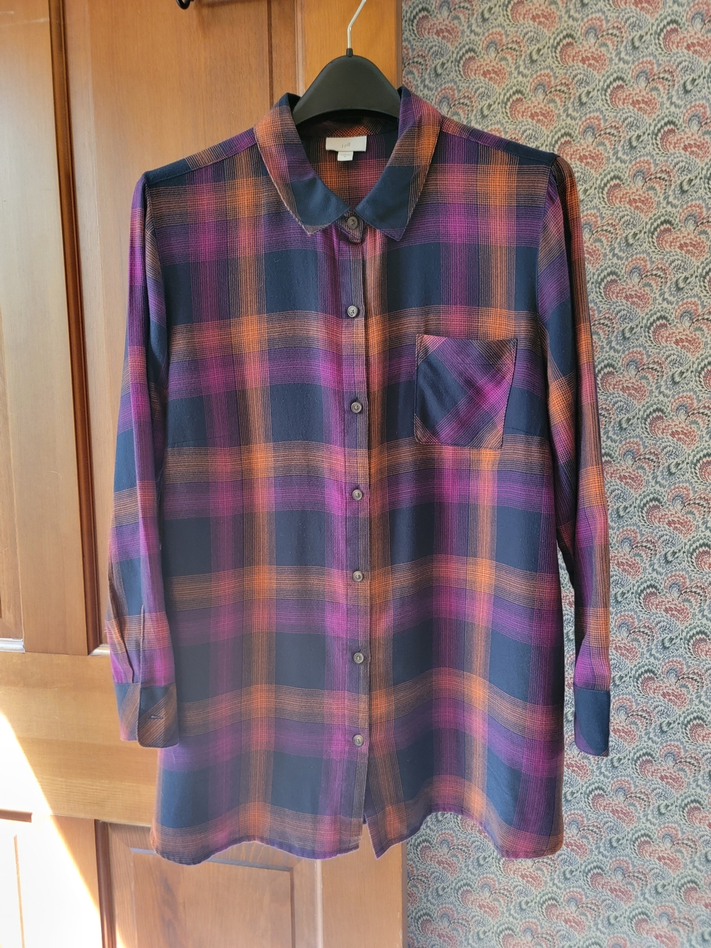 J. Jill XL Plaid Tunic Button Up Shirt Pink Purple Orange Tencel Blend